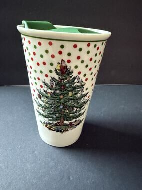 Spode Christmas Tree Ceramic Travel Mug Tumbler Plastic Lid 8oz Cup Holiday